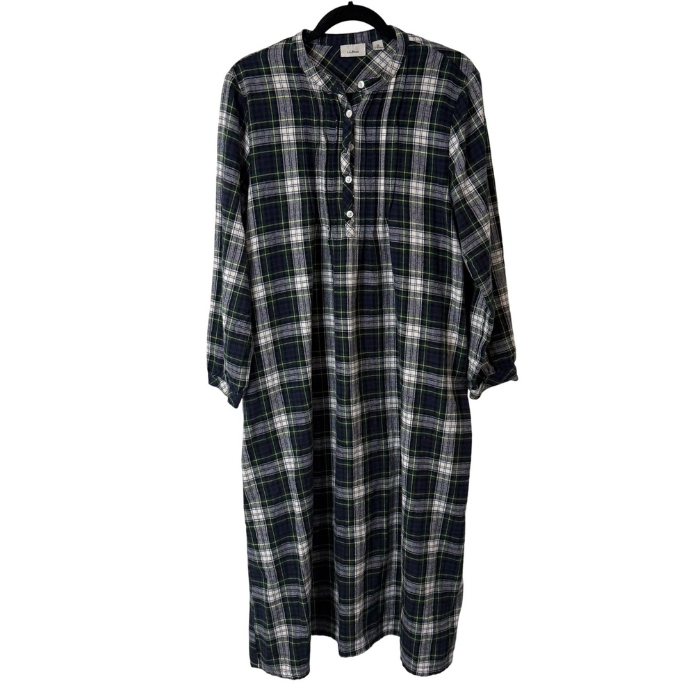 LL Bean Womens Scotch Plaid Flannel Nightgown Med Pet Green Navy Pockets Cotton